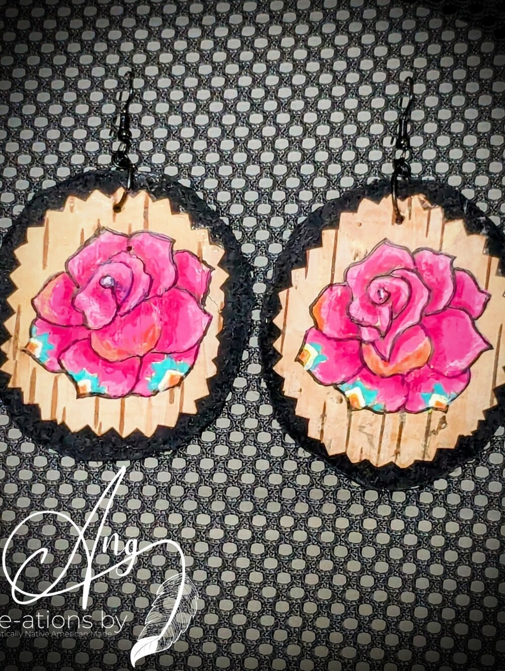 Authentic Hand Painted Pink Tribal Rose Birch Bark Circle Earrings